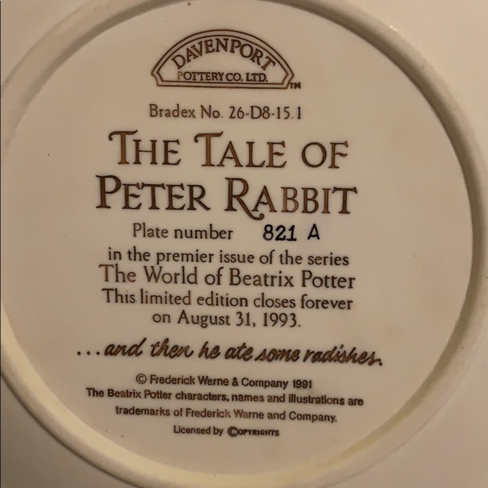 PLATE #1 Davenport Pottery The Tale Of Peter Rabbit Beatrix Potter Limited Plate - Picture 4 of 8